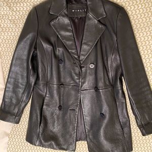 Heavy leather thigh length black leather coat, fully lined